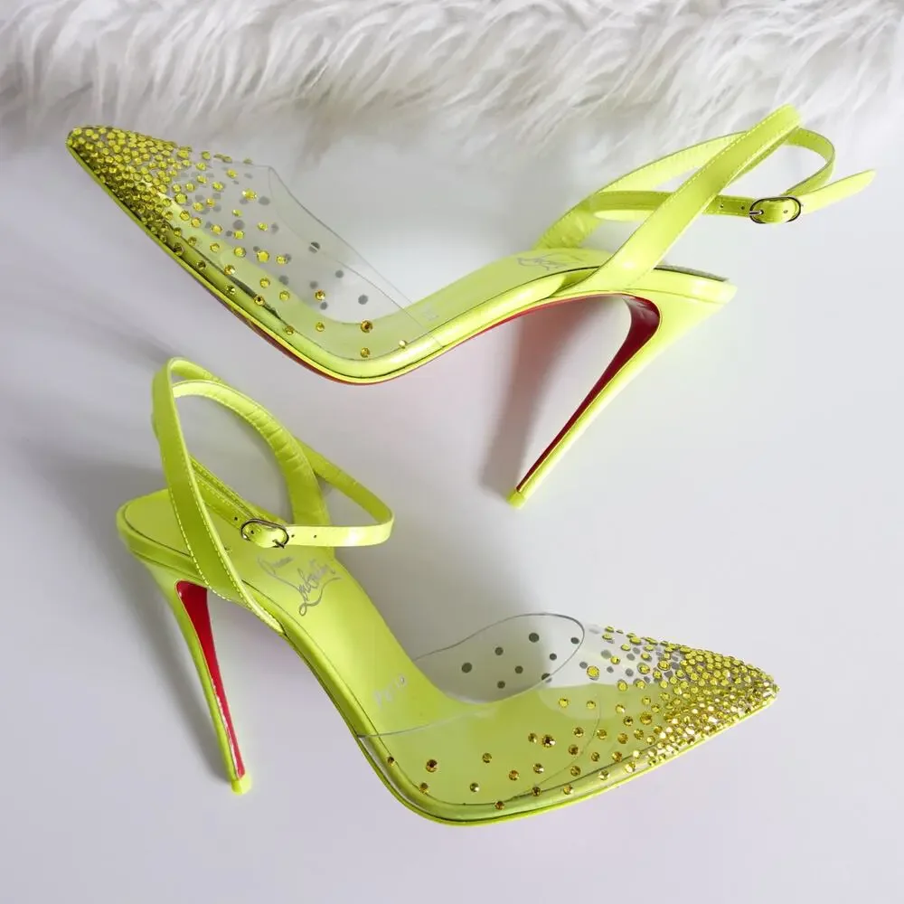 Christian Louboutin Spikaqueen 100 Crystal Neon Yellow Green Clear Pumps Size 37 - Picture 2 of 16